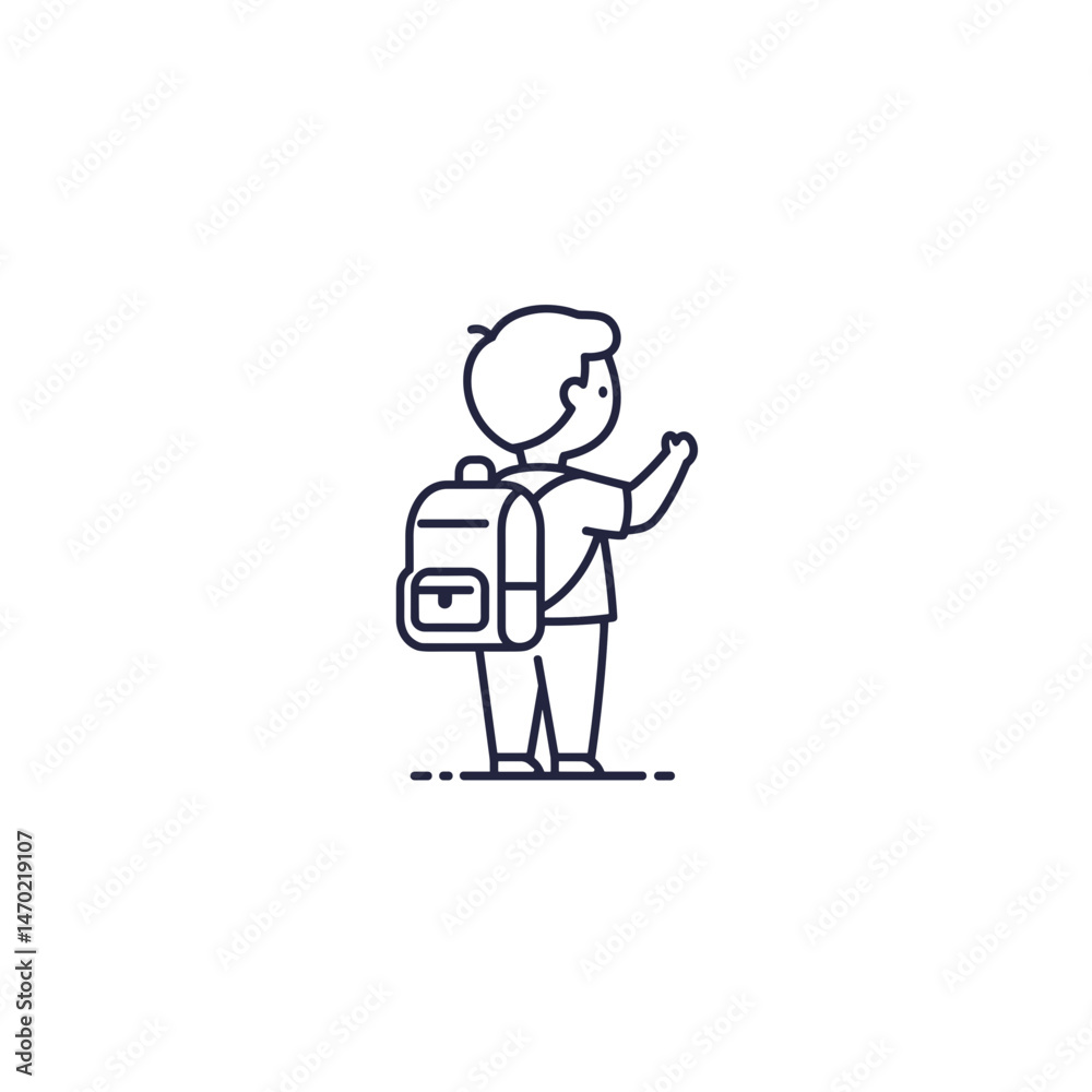 Minimalist black and white line icon of a child with a backpack, part of an early education icon set Minimalist black and white line icon of a child with a backpack, part of an early education icon set