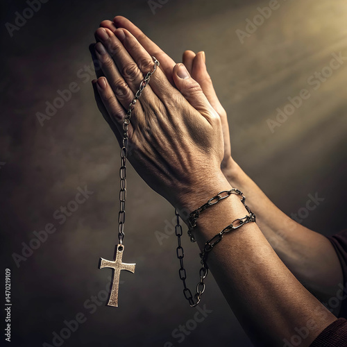 praying hands with cross on chain