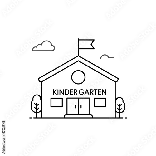 ​​Minimalistic black and white icon of a kindergarten building with a flag, part of a series of icons on the topic of preschool education, made in a clean outline style