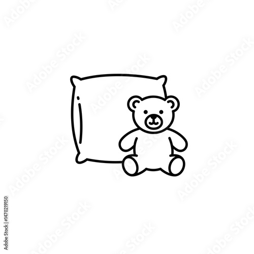 Minimalist black and white icon of pillow and teddy bear, symbol of quiet hour, part of kindergarten routine icon series