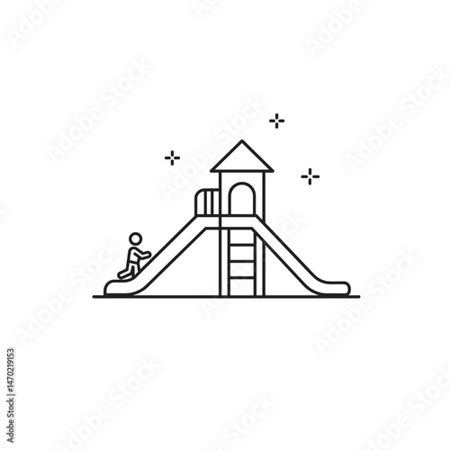 Minimalist black and white line icon of a playground with slide and swings, part of a preschool and playtime themed icon set