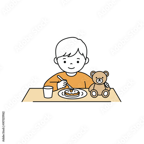  A colorful icon of a child having lunch with a teddy bear, made in a warm and friendly style, perfect for educational and children's content
