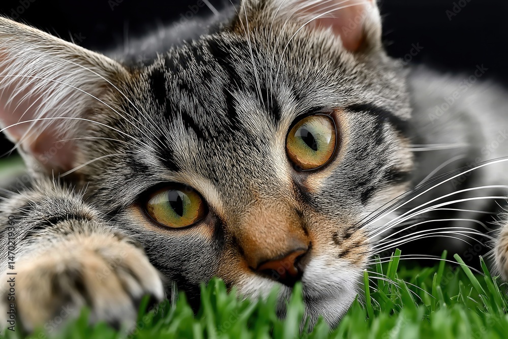 Funny cat enjoying summer frolics in vibrant green grass during a sunny day outing
