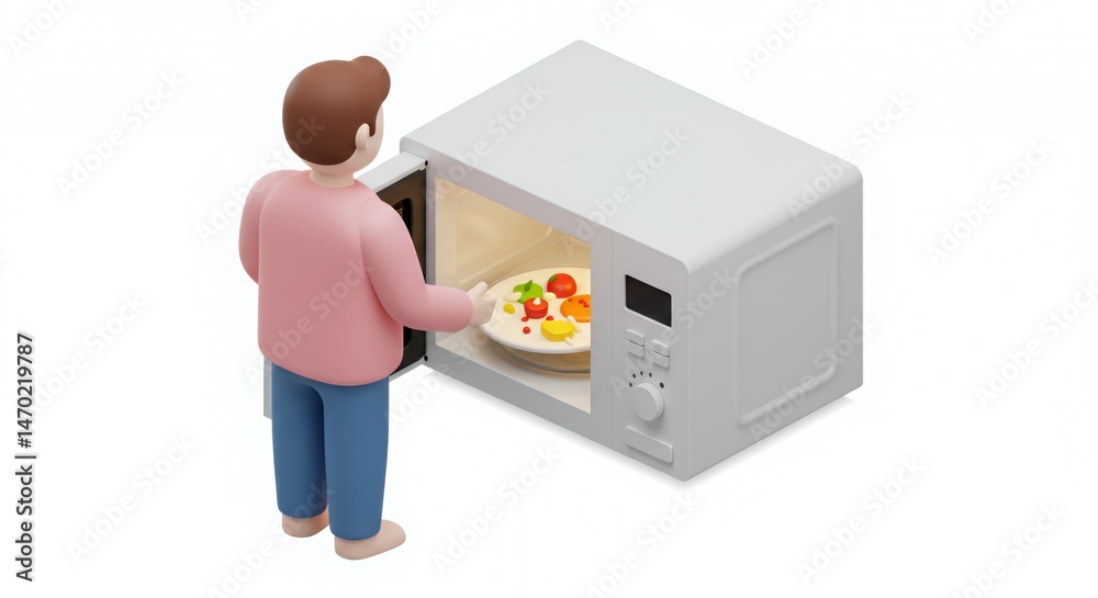 Isometric 3D Rendering of a Person Reheating Leftovers in a White Microwave with Colorful Vegetables on a White Plate Isolated on White Background