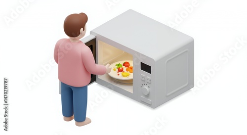 Obraz na płótnie Isometric 3D Rendering of a Person Reheating Leftovers in a White Microwave with Colorful Vegetables on a White Plate Isolated on White Background w salonie