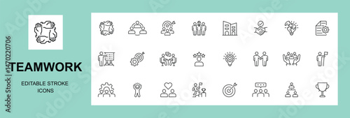 Teamwork icon set with editable stroke. Team work and business cooperation thin line icon collection. Vector illustration