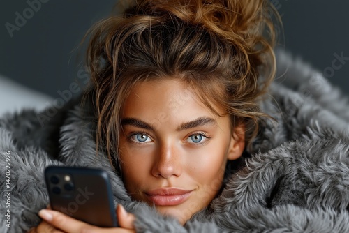 Teenage girl relaxes on a sofa using a smartphone while wrapped in a cozy blanket at home in the evening