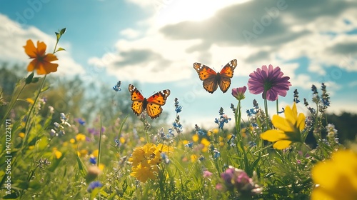 Butterflies fly over wildflowers with sunny meadow.