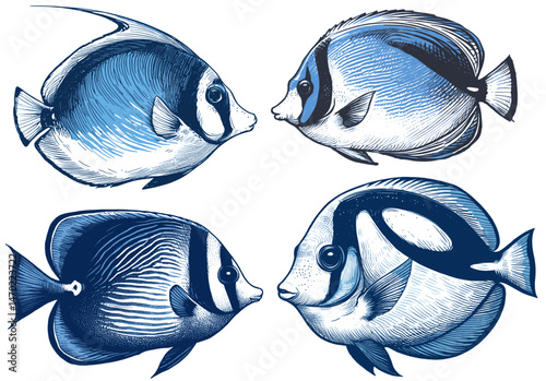 Blue Tang Fish in Continuous Line linework sketch hand drawn pen drawing vector illustration background