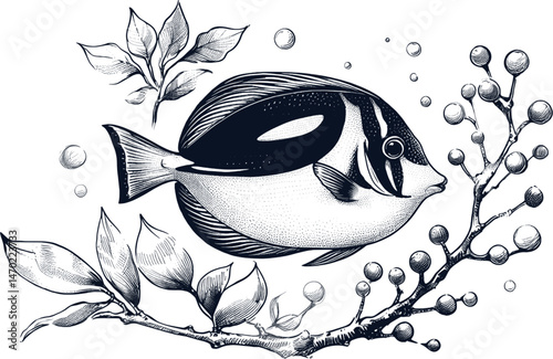 Underwater Wonder Blue Tang fish linework sketch hand drawn pen drawing vector illustration background