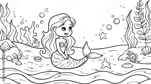 Cute Cartoon Mermaid Sitting On The Ocean Floor Coloring Page Outline Vector