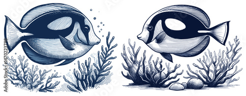 Coral Reef Beauty Blue Tang fish linework sketch hand drawn pen drawing vector illustration background