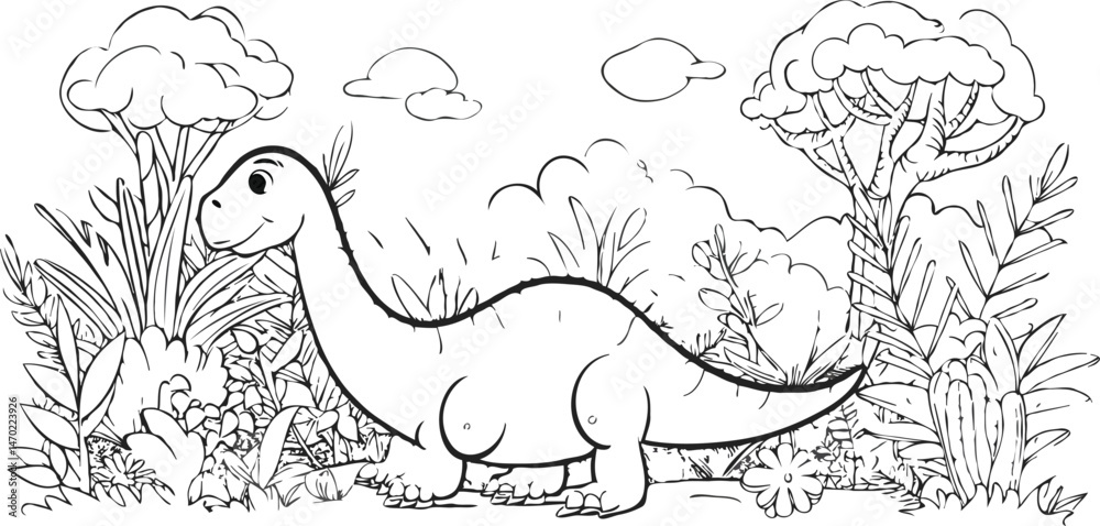 Fototapeta premium Cute Dinosaur Brontosaurus Outline In Prehistoric Landscape Coloring Page Illustration