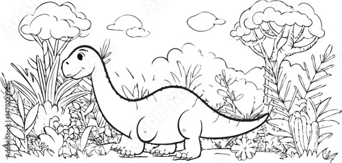 Cute Dinosaur Brontosaurus Outline In Prehistoric Landscape Coloring Page Illustration
