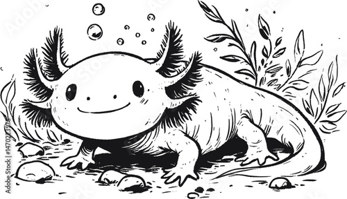 Axolotl linework sketch hand drawn pen drawing vector illustration background