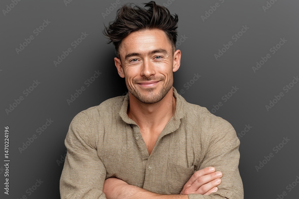 Smiling young man in beige shirt poses confidently with arms crossed against gray background
