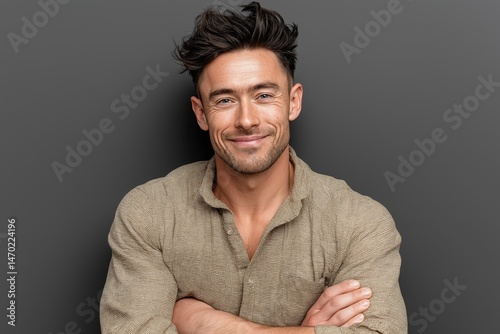 Obraz na płótnie Smiling young man in beige shirt poses confidently with arms crossed against gray background w salonie