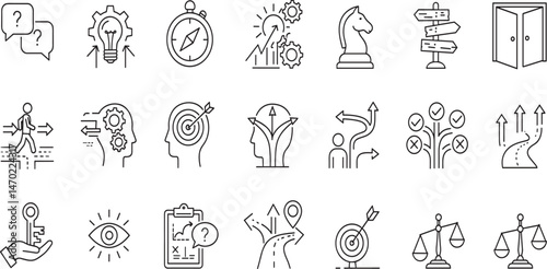Decision making, uncertainty, strategy, vision and career path editable stroke outline icon isolated on white background flat vector illustration.