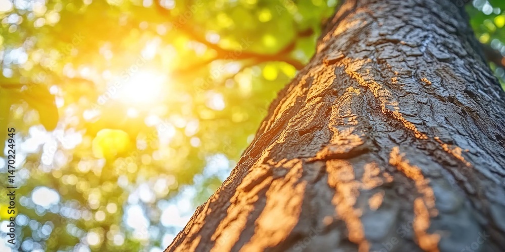 Obraz premium Close-up of sunlit tree trunk in forest with leafy background.