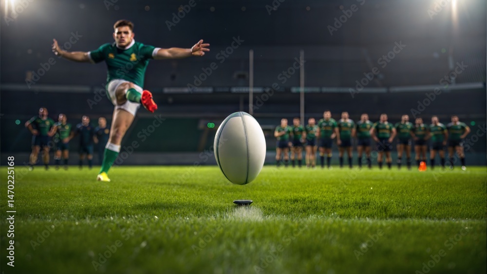 Naklejka premium Rugby Player Kicking Ball During Game on Grass Field 