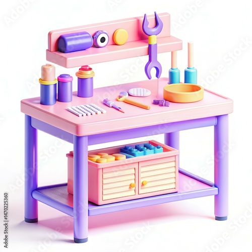 A colorful workbench with tools and containers organized on shelves, creating a playful and modern design.