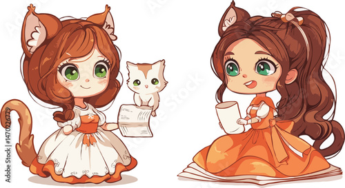 Anime Style Illustration Of Cute Girls With Cat Ears Holding Documents
