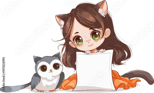 Cute Anime Girl With Cat Ears And A White Sign And Owl Pet