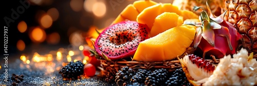 A mouthwatering horizontal banner with exotic fruit slices: dragon fruit, papaya, lychee, blackberry, pineapple, pomegranate, citrus. Concept of rich harvest, abundance, summer freshness. Bon appétit!