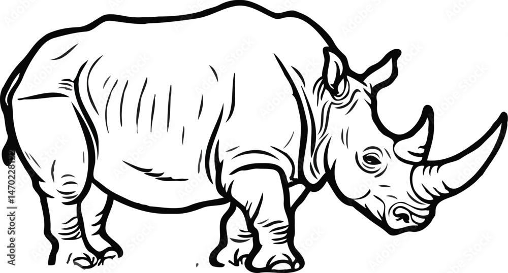 Fototapeta premium Black And White Rhinoceros Vector Illustration Standing Isolated On White Background