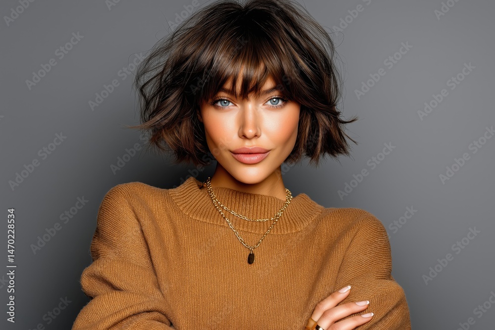 Charming woman with a cute bob haircut shows confidence while posing in a cozy sweater against a neutral backdrop