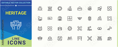 Heritage icon set. It contains symbols to theatre, entertainment, art, cinema, painting, historical and more. Culture icon pack. UI icons set in a thin style. Editable vector illustration.