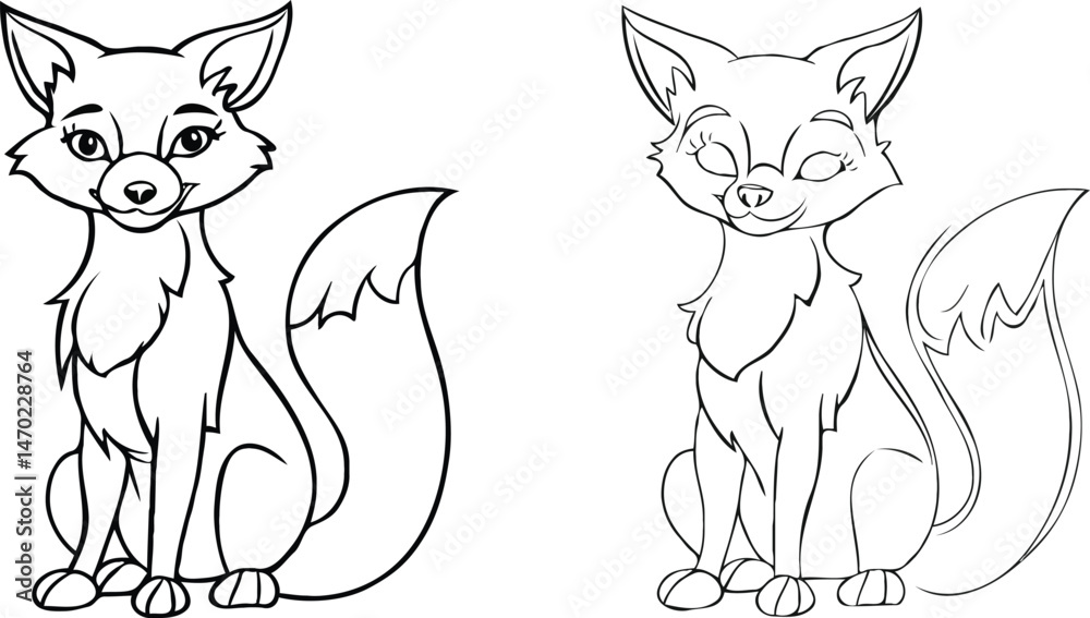 Obraz premium Cute Cartoon Fox Coloring Page Vector Line Art Illustration Design