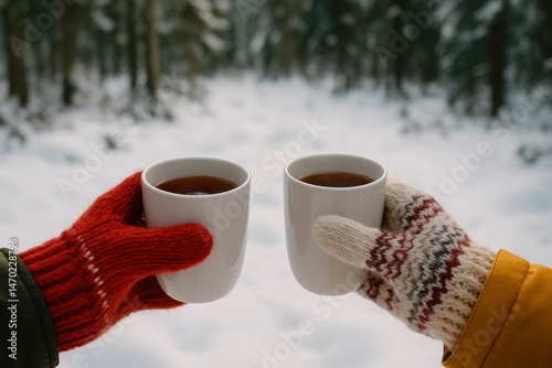 A man and woman are knitting mittens while holding cups of hot tea in a winter forest clearing