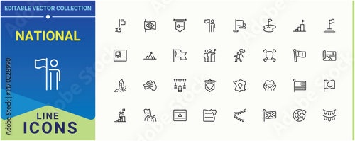 National icon collection. Contain linear symbols banner, victory, mark and more. Flag icon. Minimal thin line web icons set. Vector collections.