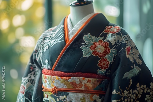 Detailed kimono on mannequin showcases vibrant floral embroidery and textures.