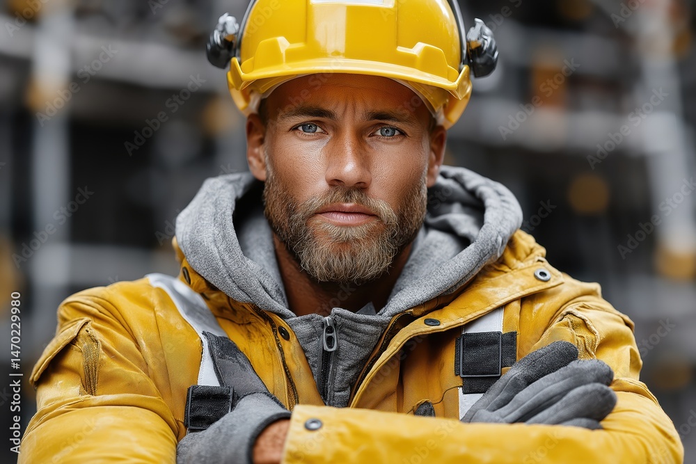 Construction worker prepared for hazardous site with yellow vest and hard hat stands confidently on construction site