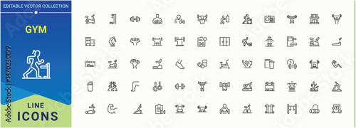 Gym icon. Modern icons collection. Editable stroke. Vector collection. Fitness icon set in linear style. Pack of health, equipment, activity, exercise, fit, sport and more.