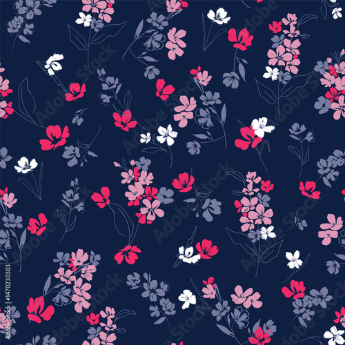 Seamless Hand-Drawn Floral Pattern with Neutral Black, Gold, and Gray Flowers on blue Background