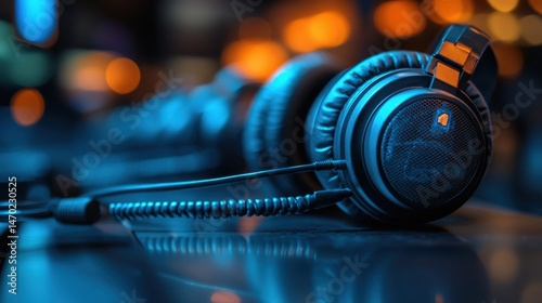 Close up view of stylish headphones with ambient lighting in background