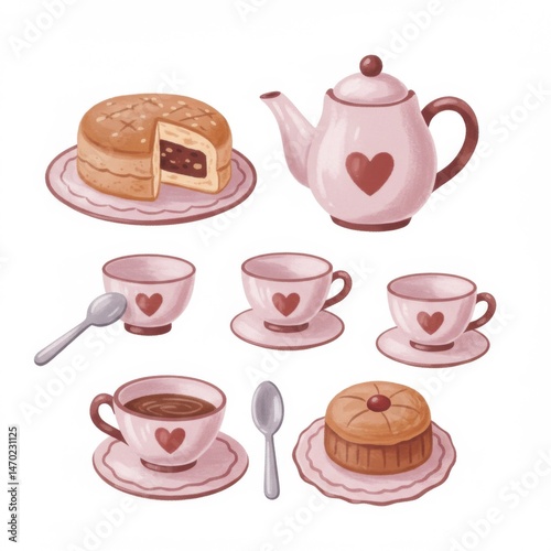Pastel Pink Tea Party Set with Cakes and Teacups