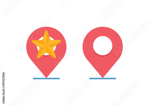 Red pins with golden star for marking desired location. Add to favorite places on maps user interface design. Vector illustration.