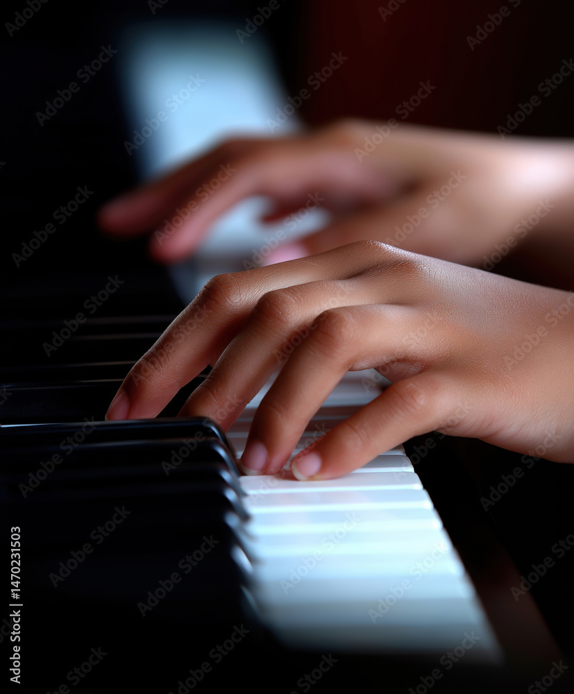 Obraz premium Hands skillfully playing piano keys in a cozy indoor setting during the afternoon