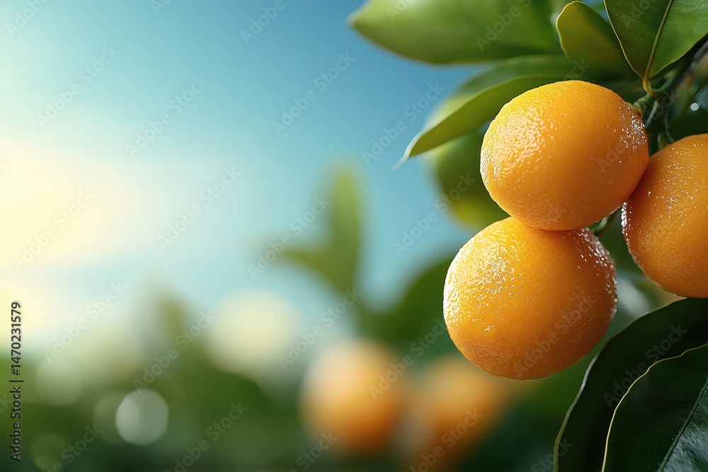 Kumquat fruits ripening on tree branch under bright blue sky in organic garden