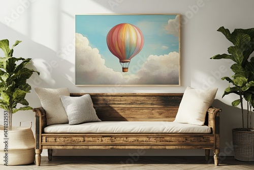 Balloon-themed print above storage bench with natural morning backlight
