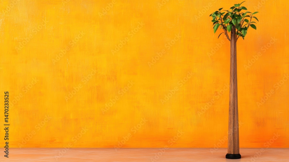 Obraz premium Green Plant Against Vibrant Orange Textured Wall Minimalist Interior