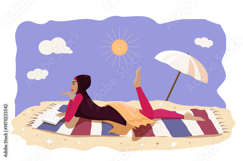 Cute young woman in Muslim swimsuit lies on the sandy beach with a book. Vector illustration.