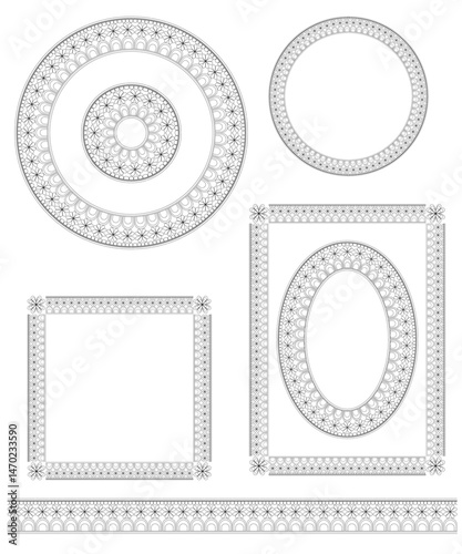 Decorative elements, borders and lines in ethnic style. Black and white vector illustration.