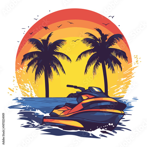 Jet Ski Adventure At Sunset With Palm Trees And Tropical Island Vibe Perfect For Summer Getaways