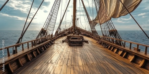 Deck view of old wooden sailing ship with rigging and masts on cloudy sea.