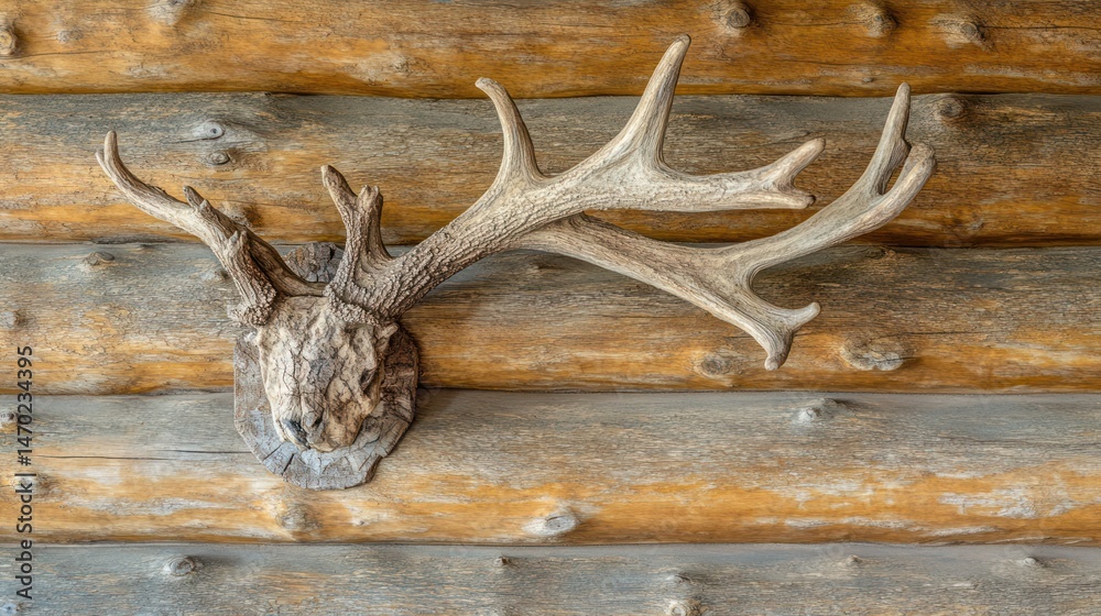 Fototapeta premium Antlered deer head mounted on log cabin wall